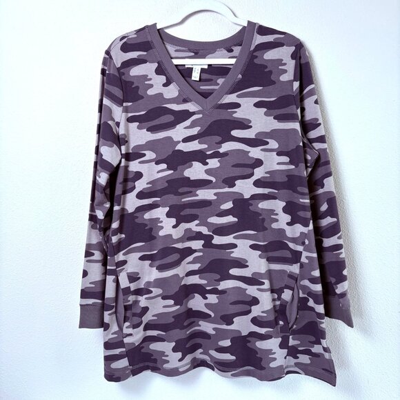 Denim & Co Active Camo French Terry Tunic Top Size L Gray Pockets Long Sleeve - Picture 1 of 13